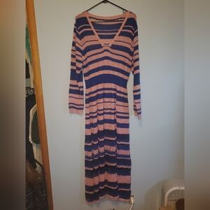 SHEIN Pink and Blue V-Neck Long Sleeve Sweater Dress